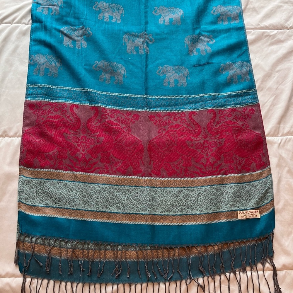 Teal and Red Elephant Pashmina Cashmere Patterned Scarf